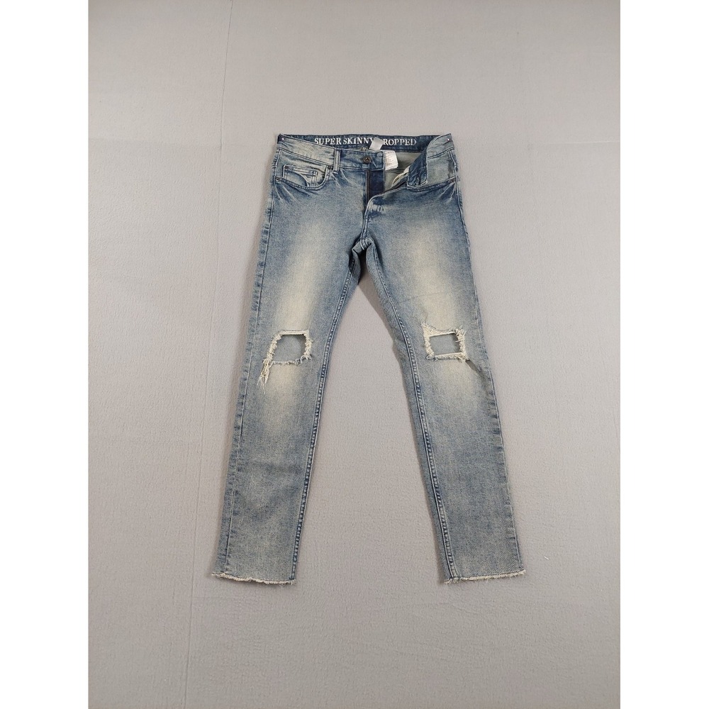 H&M Men Jean 32 Light Wash Denim‎ Skinny Cropped Low Rise Distressed Ripped Wear - Picture 6 of 16